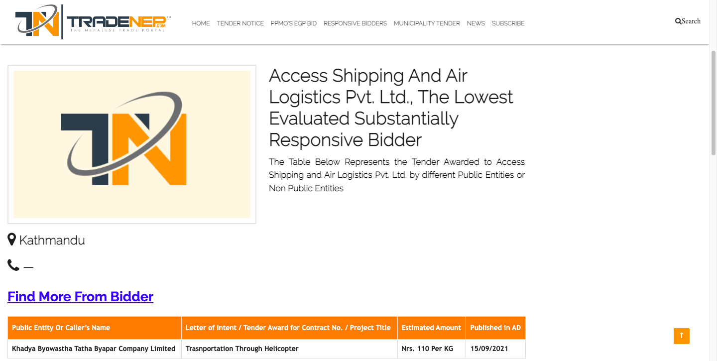 Tender Awarded to Access Shipping and Air Logistics Pvt. Ltd.